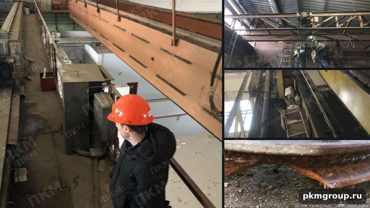 Инженер осматривает кран, замеры узлов и износ ходового колеса